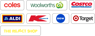 coles, woolworthw, costco wholesale, ALDI, Kmart, BIG W, Target, and THE REJECT SHOP